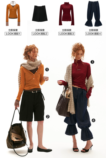 MAMC - Textured Wave Knit Scarf Shawl (Khaki / Gray)