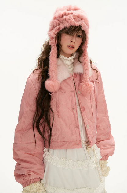 MAMC - Pink Quilted Faux Fur Bomber Jacket with Ribbon Detail