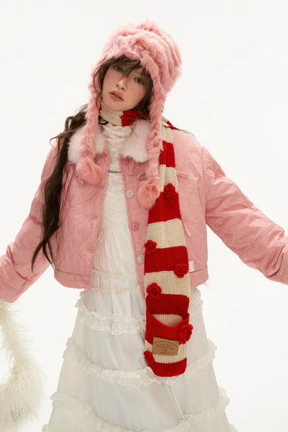 MAMC - Pink Quilted Faux Fur Bomber Jacket with Ribbon Detail