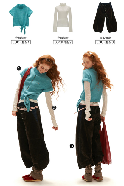 MAMC - Blue Ribbed Mock-Neck Tie-Hem Knit Sweater