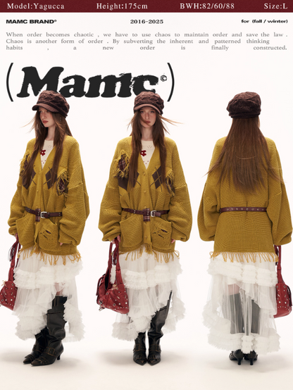 MAMC - Fringe-Appliqué Loose Knit Cardigan – Yellow WE811