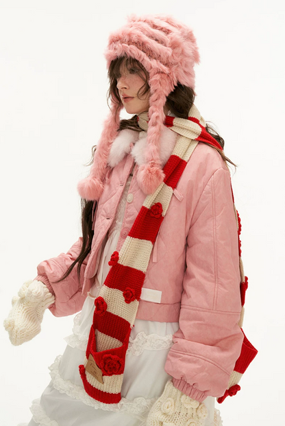MAMC - Pink Quilted Faux Fur Bomber Jacket with Ribbon Detail
