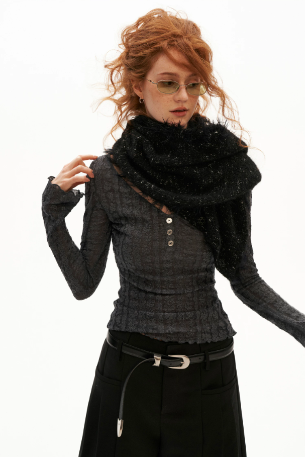 MAMC - Textured Two-Way Knit Scarf & Shawl with Long-Hair Fringe (Black / White)
