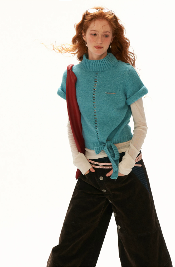 MAMC - Blue Ribbed Mock-Neck Tie-Hem Knit Sweater