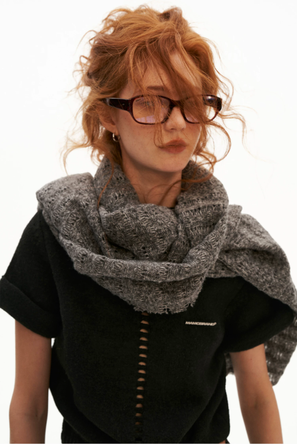 MAMC - Textured Wave Knit Scarf Shawl (Khaki / Gray)