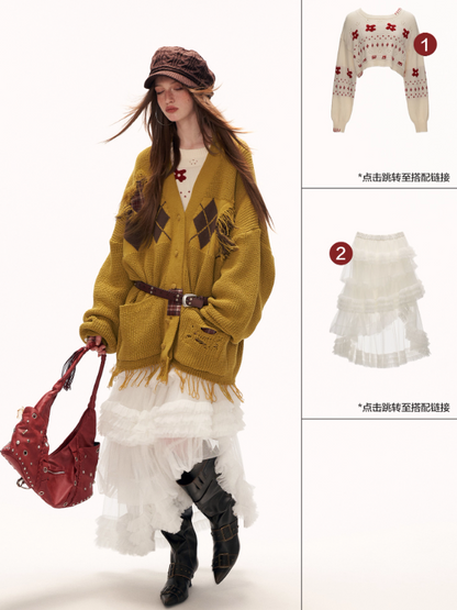 MAMC - Fringe-Appliqué Loose Knit Cardigan – Yellow WE811