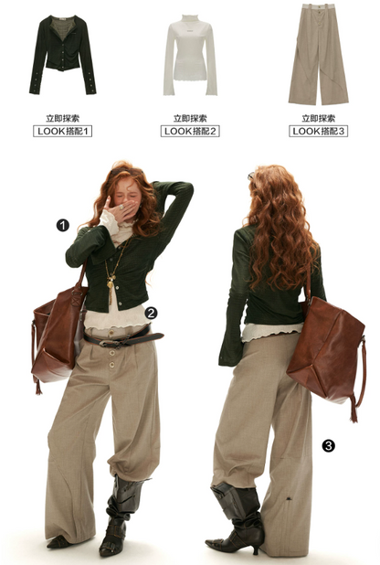 MAMC - Green Textured Jacquard Knit Cardigan with Decorative Buttons