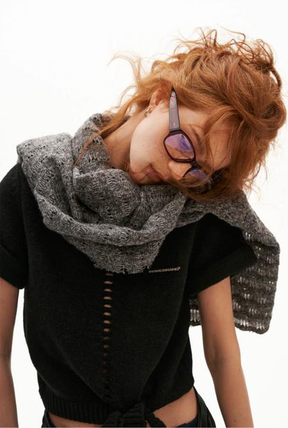 MAMC - Textured Wave Knit Scarf Shawl (Khaki / Gray)