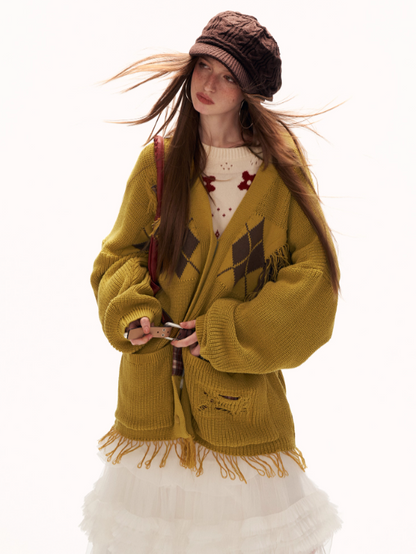 MAMC - Fringe-Appliqué Loose Knit Cardigan – Yellow WE811