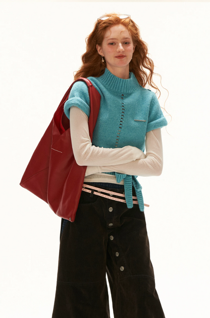 MAMC - Blue Ribbed Mock-Neck Tie-Hem Knit Sweater