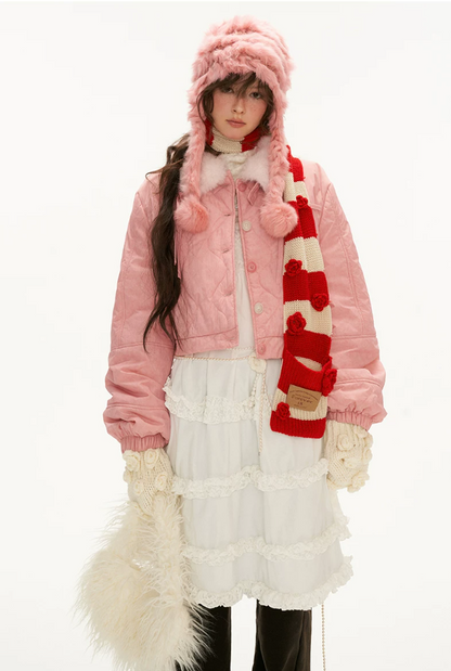MAMC - Pink Quilted Faux Fur Bomber Jacket with Ribbon Detail
