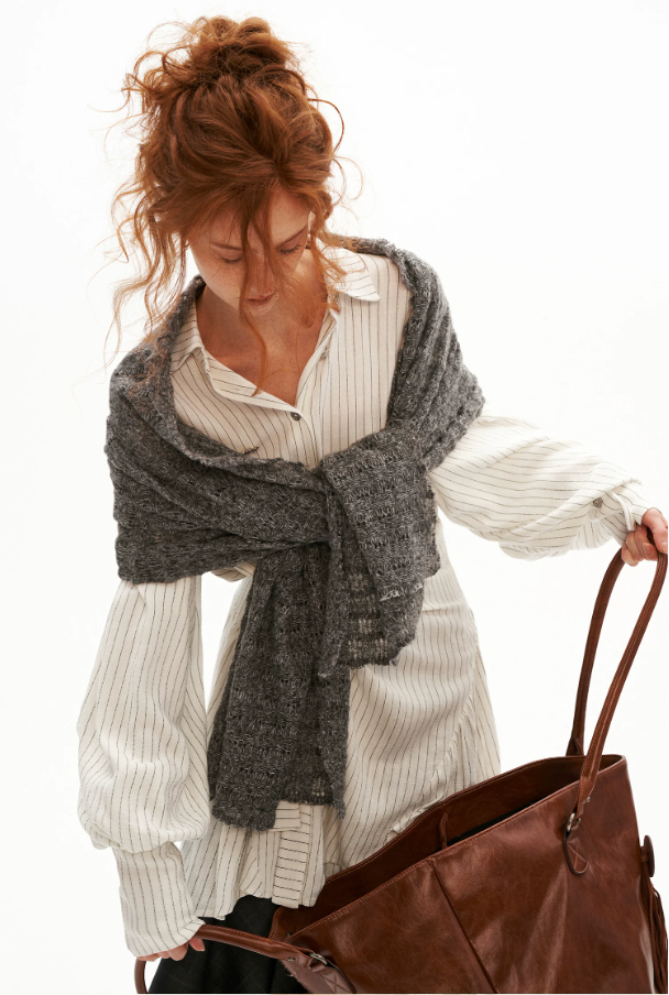 MAMC - Textured Wave Knit Scarf Shawl (Khaki / Gray)
