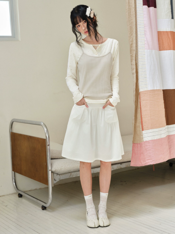 DAILY ARTIST - Cream Polka Dot Layered Henley Lace Top