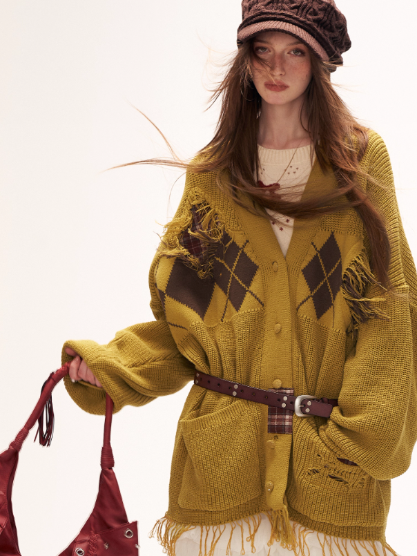 MAMC - Fringe-Appliqué Loose Knit Cardigan – Yellow WE811