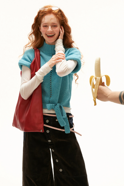 MAMC - Blue Ribbed Mock-Neck Tie-Hem Knit Sweater