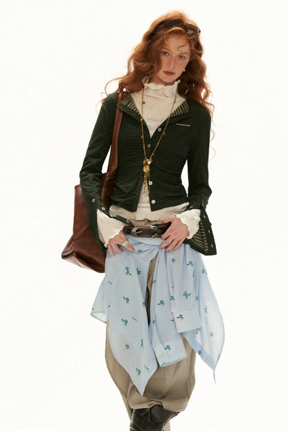 MAMC - Green Textured Jacquard Knit Cardigan with Decorative Buttons