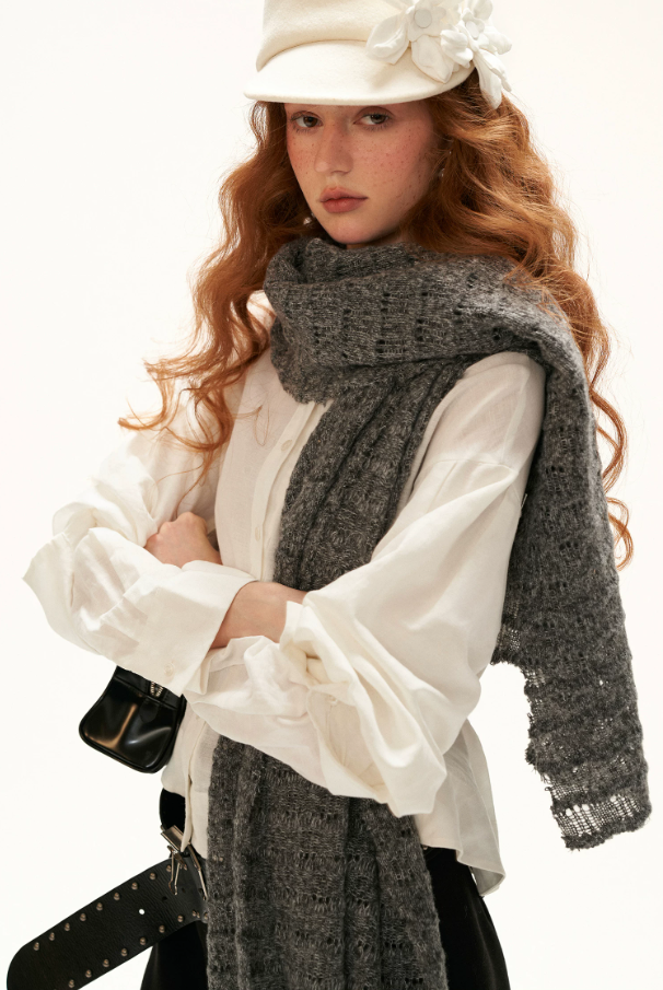MAMC - Textured Wave Knit Scarf Shawl (Khaki / Gray)