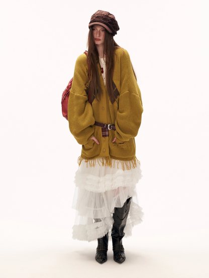 MAMC - Fringe-Appliqué Loose Knit Cardigan – Yellow WE811