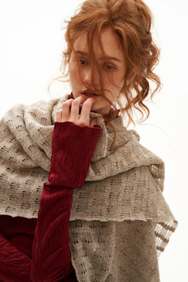 MAMC - Textured Wave Knit Scarf Shawl (Khaki / Gray)