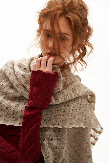 MAMC - Textured Wave Knit Scarf Shawl (Khaki / Gray)