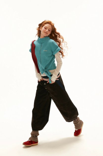 MAMC - Blue Ribbed Mock-Neck Tie-Hem Knit Sweater