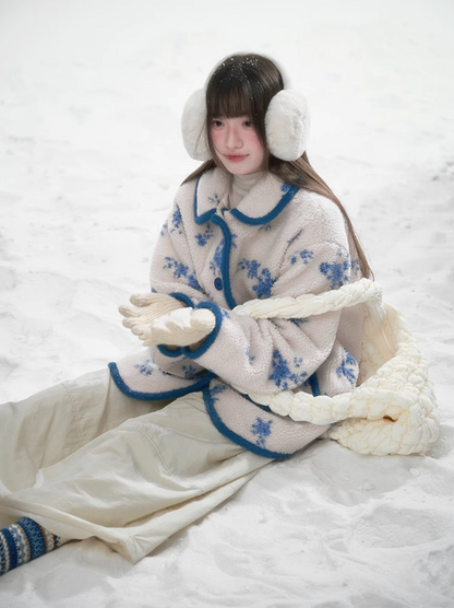 潘羅羅 - Blue Floral Imitation Lambswool Jacket
