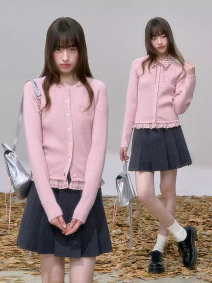 '素描与情书' Preppy Knit Sweater – Removable Plaid Collar + Bow Embroidery