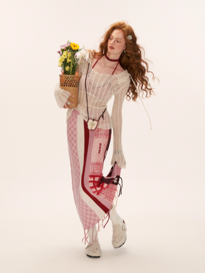 MAMC - Pink Patchwork Fringe Floral Plaid Skirt WE826