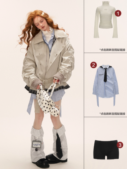 MAMC - Light Gray Corduroy Collar Plaid Patch Jacket WE848