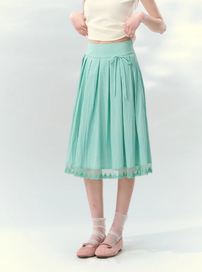 “Mint Waltz” Mint Green Lace Trim Pleated Midi Skirt