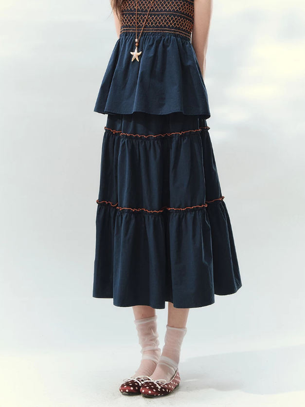 “Bohemian Travel Notes” Navy Beaded Cami & Tiered Maxi Skirt Set