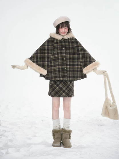 達淵如 - Plaid Cape With Fur Set