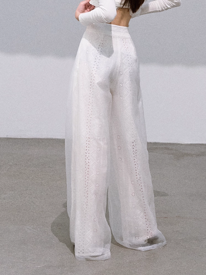 OAKMOO - "Bloom Within" Cotton Cutwork & Organza Layered Wide-Leg Pants – Gardenia 25Q428White