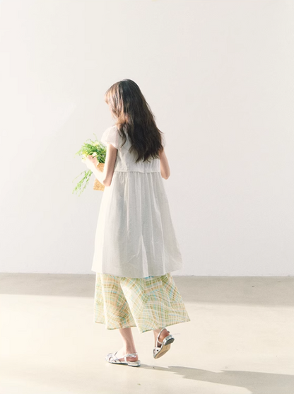 罐头粪便 - White Puff-Sleeve Dress + Forest Plaid Contrast Skirt