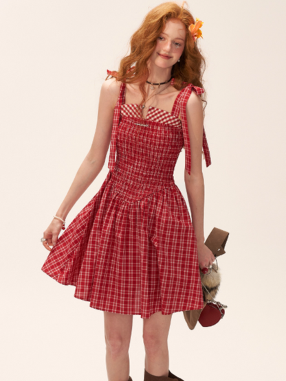 French Bow Tie Strap Smocked Dress WE852 (Red Plaid)
