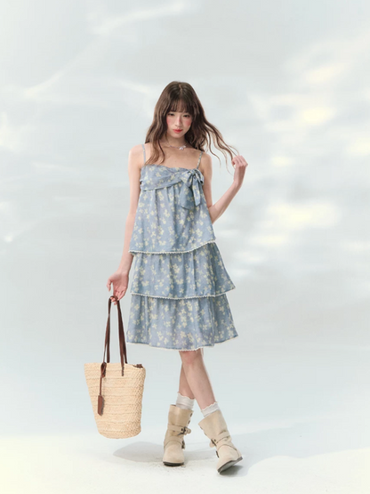 “Blue Mist Petals” Dusty Blue Floral Tiered Mini Dress LL2026120