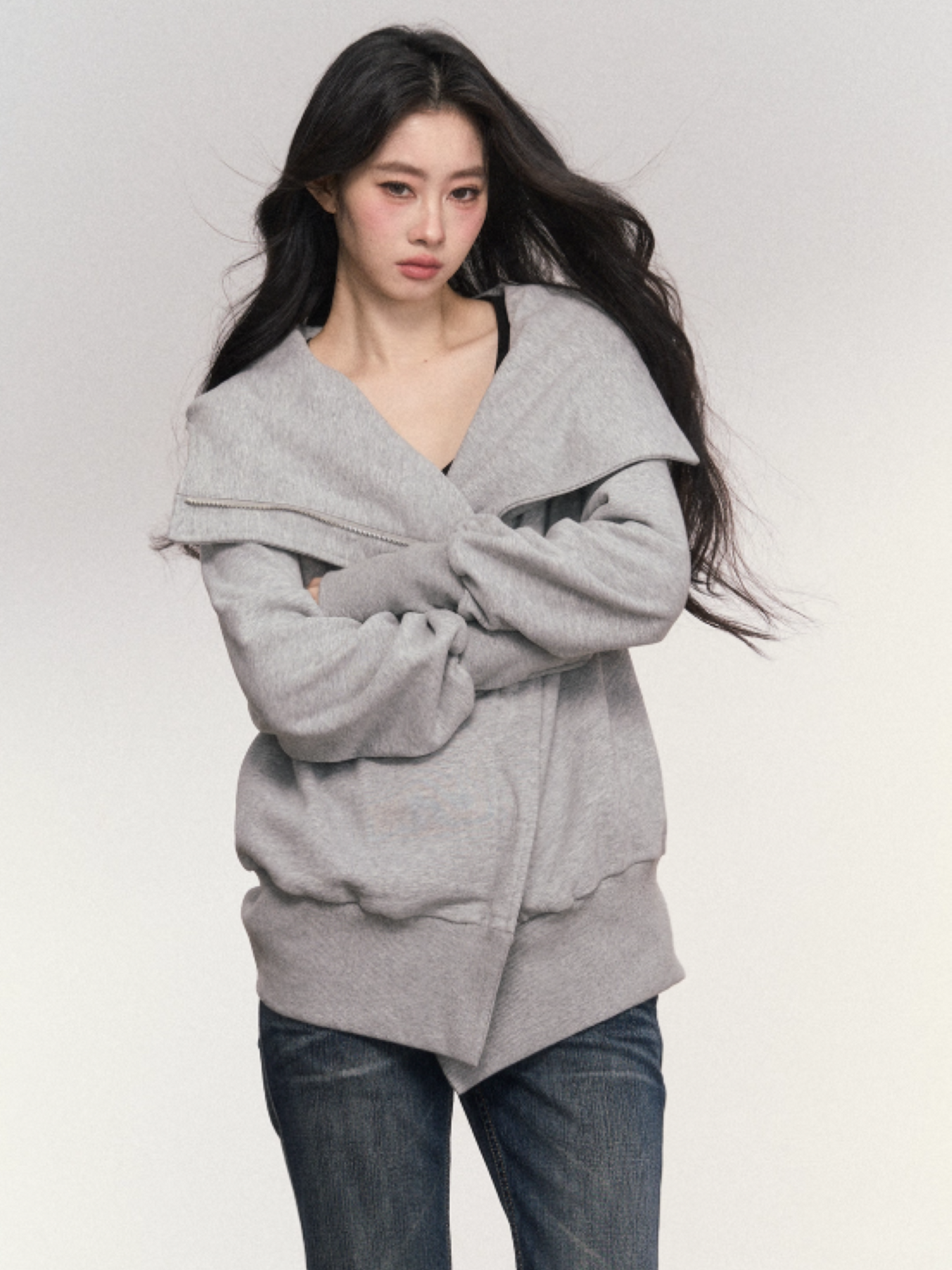 PCH - Cotton Zip-Up Hoodie with Detachable Collar (Gray)