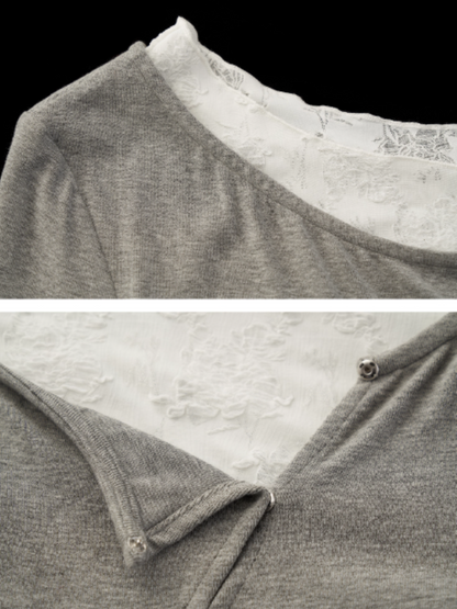 MAMC - Y2K Preppy Lace Trim Ruched Long Sleeve Top (Grey)