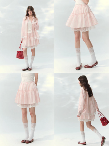 “Pink Mist Love Letter” Pink Stripe Lace Skirt Set LL2026161