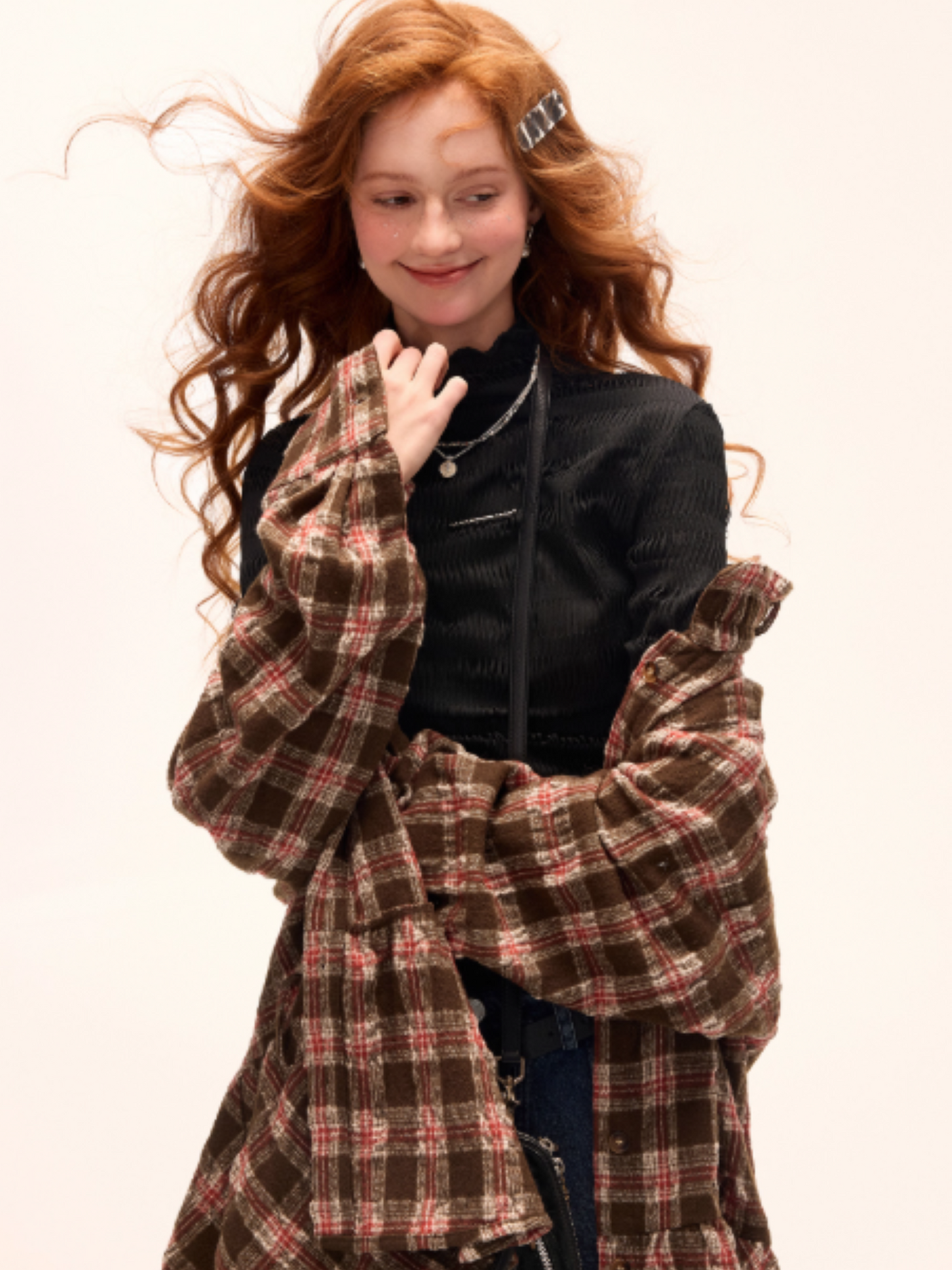 MAMC - Brown Bow Plaid Shirt Dress
