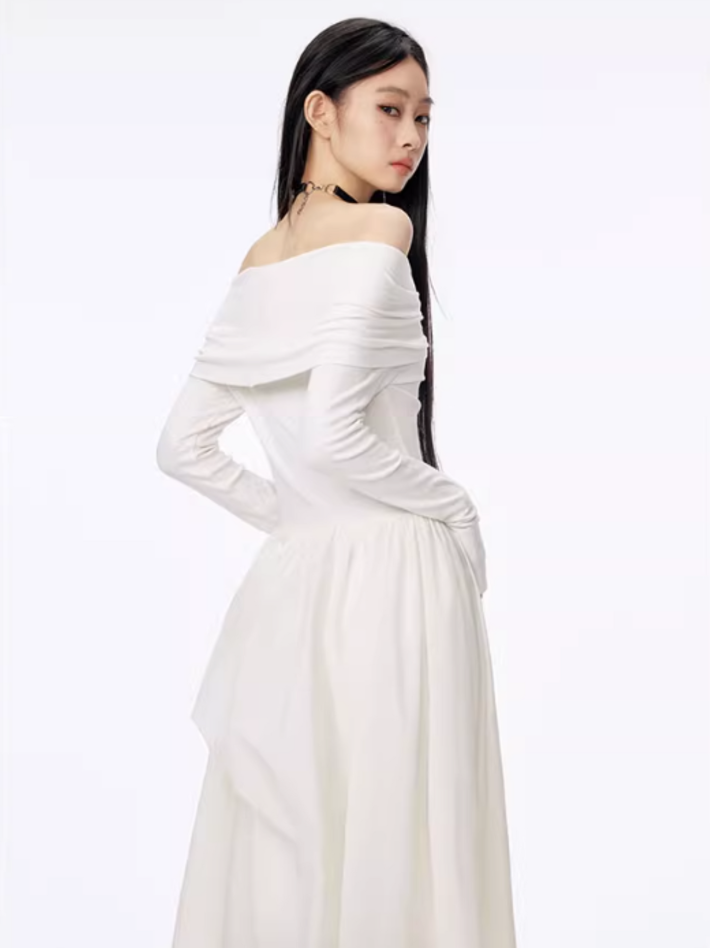 PCH - Hepburn Style Off-Shoulder Long Dress (White)