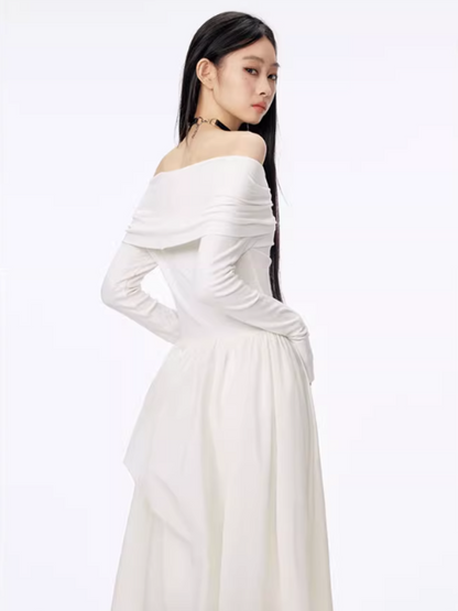 PCH - Hepburn Style Off-Shoulder Long Dress (White)