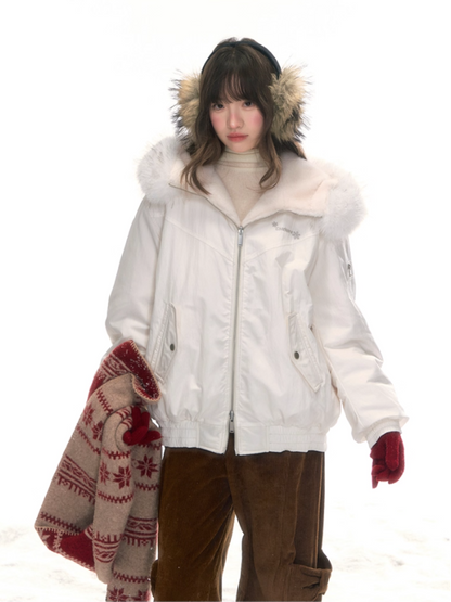 "Dreamscape" White Reversible Faux-Fur Aviator Jacket LL2025474
