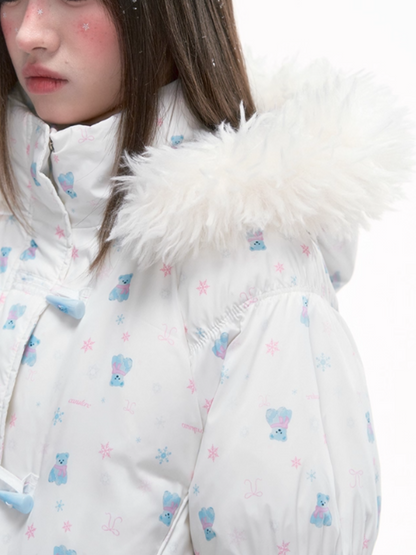 '落雪熊迹' Puffer Jacket with Faux Fur Hood & Blue Bear Print
