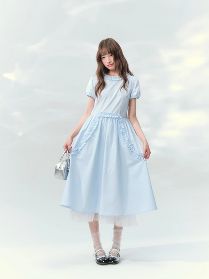 “Cloudside Blue” Mist Blue Puff Sleeve Midi Dress LL2026123