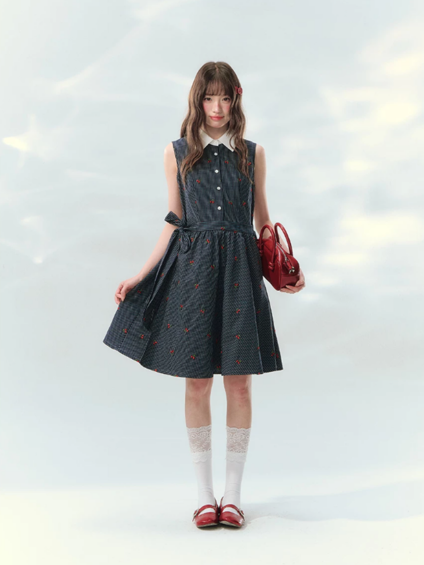 “Twin Bloom Letters” Navy Plaid Embroidered Shirt Dress LL2026139