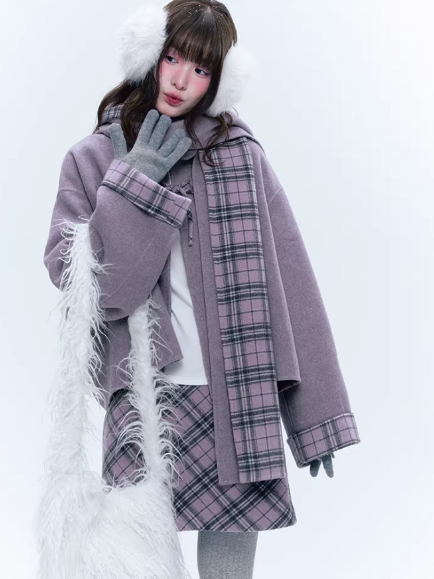 CREAMO2奶油氧气 - Soft Mauve Reversible Plaid Wool Cape Coat Set