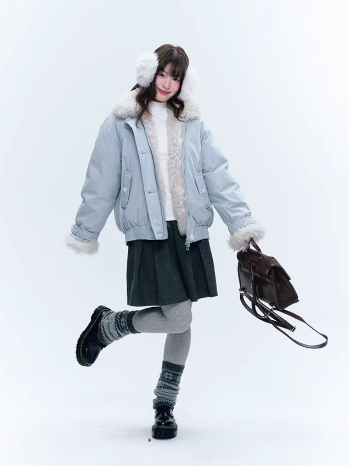 CREAMO2奶油氧气 - Mist Blue Contrast-Collar Short Down Jacket