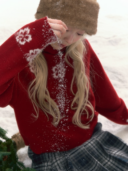 "Off-Season Garden" Red Jacquard Wool Turtleneck Knit Top LL2025304