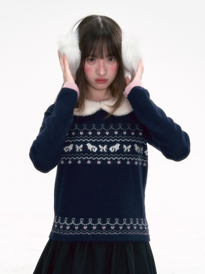'雪绒甜心' Fair Isle Knit Top with Detachable Faux Fur Peter Pan Collar – Gray/ Navy